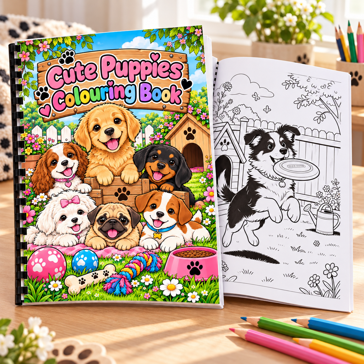 Cute Puppies A4 Colouring Book