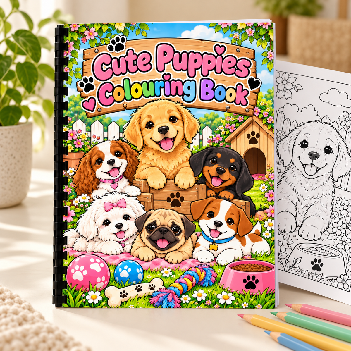 Cute Puppies A4 Colouring Book