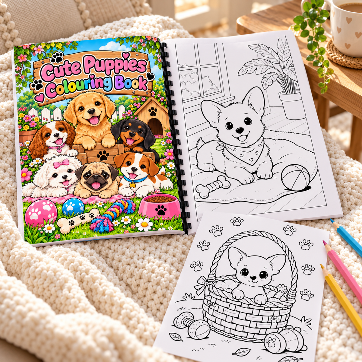 Cute Puppies A4 Colouring Book