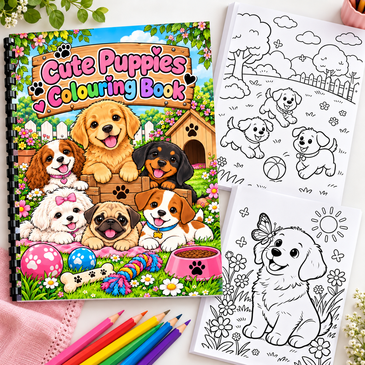 Cute Puppies A4 Colouring Book