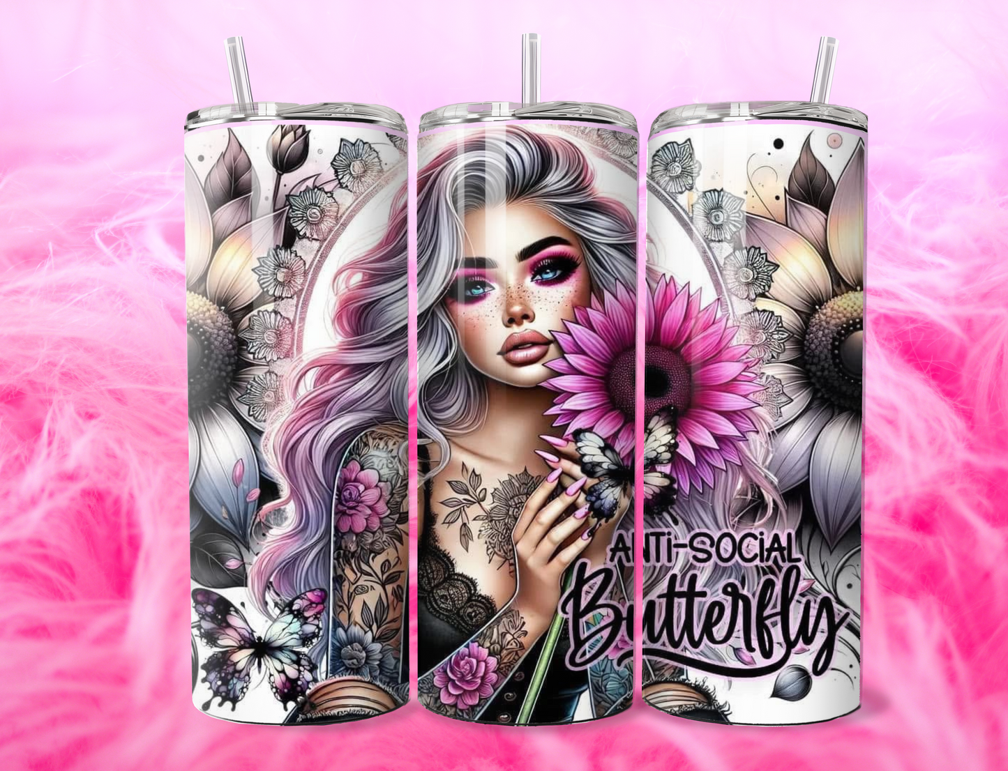 READY TO PRESS 20oz TUMBLER WRAP PRINT ANTI SOCIAL BUTTERFLY