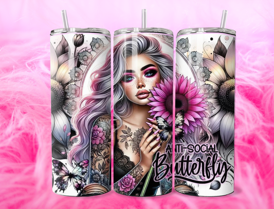 READY TO PRESS 20oz TUMBLER WRAP PRINT ANTI SOCIAL BUTTERFLY